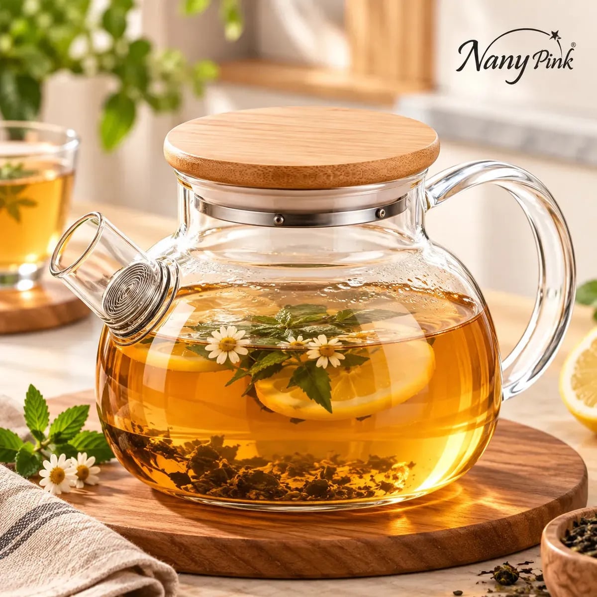 Bule Chaleira de Vidro Borossilicato 800ml com Tampa de Bambu e Filtro Infusor Inox para Chá Café Água Quente - Nany Pink — Cozinha