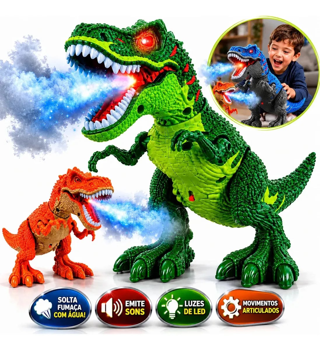 Brinquedo Dinossauro T Rex Solta Fumaça Com Rugido Som E Luz Boneco Tiranossauro Rex — Brinquedos Eletrônicos