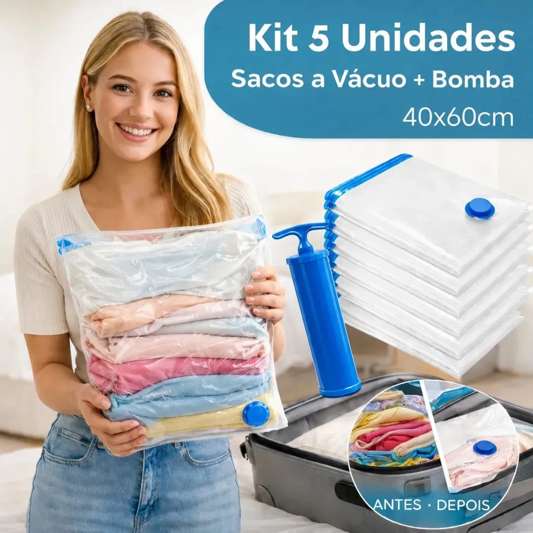 Kit 5 Saco A Vácuo 40cmx60cm Com Bomba Organizador De Roupas Ideal Para Viagem Casa Mala Otimização De Espaço — Organização para Casa