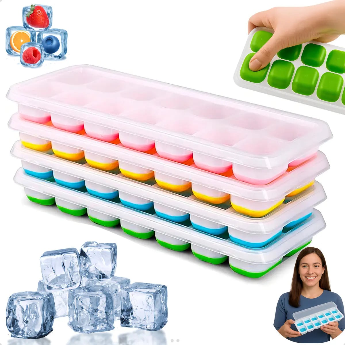 Kit 4 Forma De Gelo Fundo Silicone 14 Cubos Tampa Rígida — Cozinha