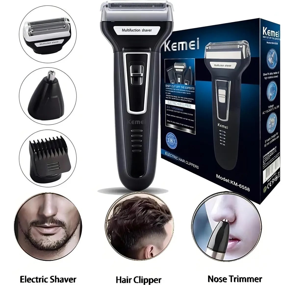 Barbeador Aparador Cortador Kemei 3 em 1 KM-6558 Recarregável Preto — Barbearia