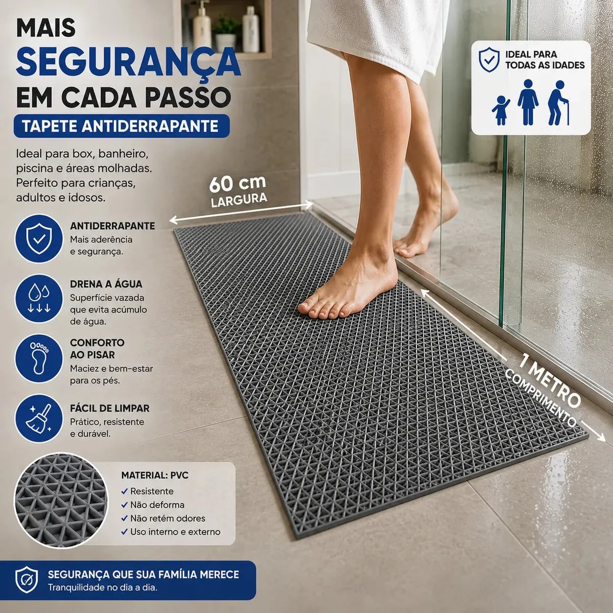 Tapete Antiderrapante Emborrachado Para Banheiro Box Piscina Ideal Para Piso Molhado Crianças E Idosos 1 Metro Cinza Onda — Banheiros