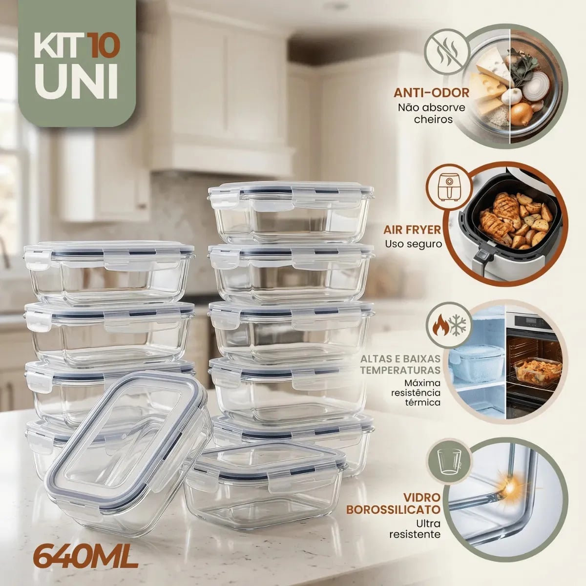 Kit 10 Pote De Vidro Marmita Hermético 640ml Freezer Fitness Rishon — Cozinha