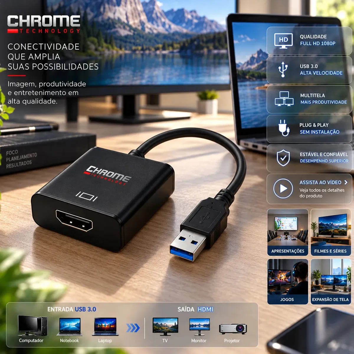Cabo Adaptador Conversor Usb Para Hdmi Usb 3.0 Multitela Hdmi 1080p Pc Notebook Mac Tv Televisão Entrada Usb E Saída Hdmi Plug And Play - Marca Chrome Technolog — Acessórios para Áudio e Vídeo
