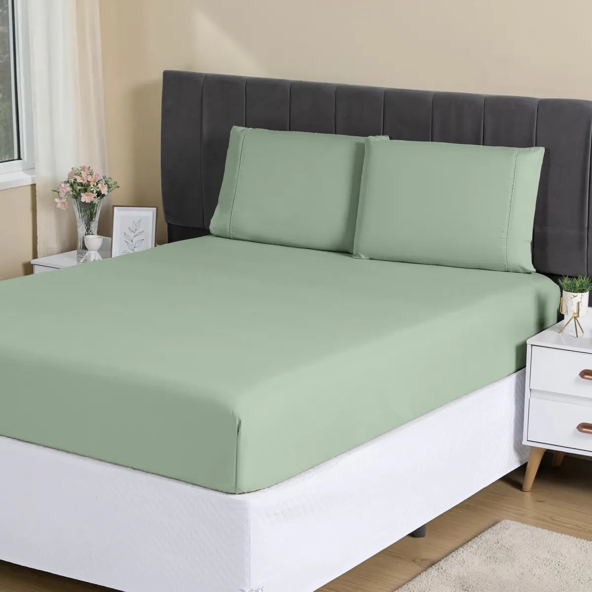 Jogo Lençol Casal 3pç 400 Fios Hipercal Conforto Macio Cor Verde Desenho do tecido Liso — Têxteis de Casa e Decoração
