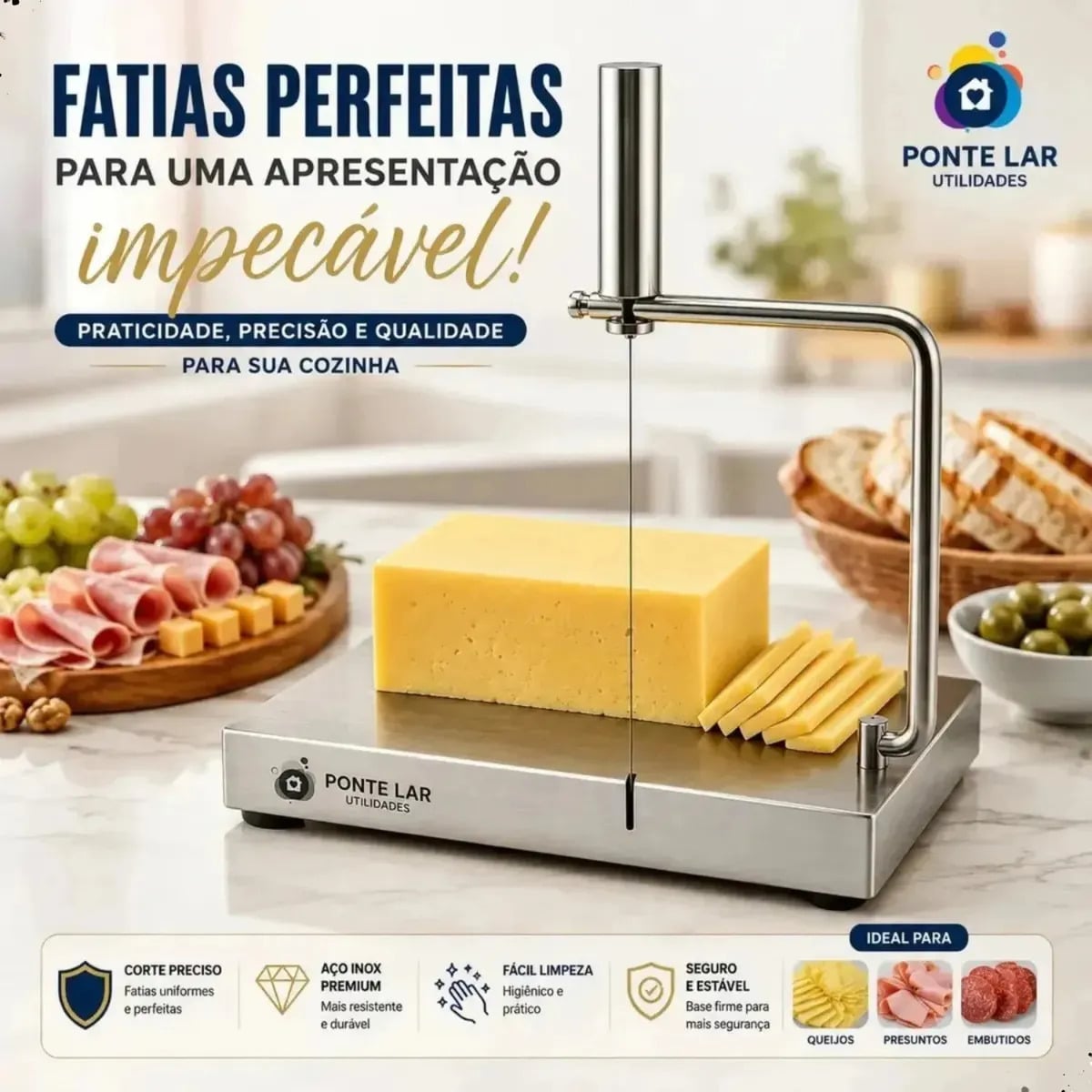 Fatiador De Queijo E Frios Caseiro Manual A Fio Cortador De Queijos E Frios Manual Com Fio Aço Inox Ponte Lar Utilidades Fácil Manuseio Prático E Seguro Fio Cor — Utensílios úteis