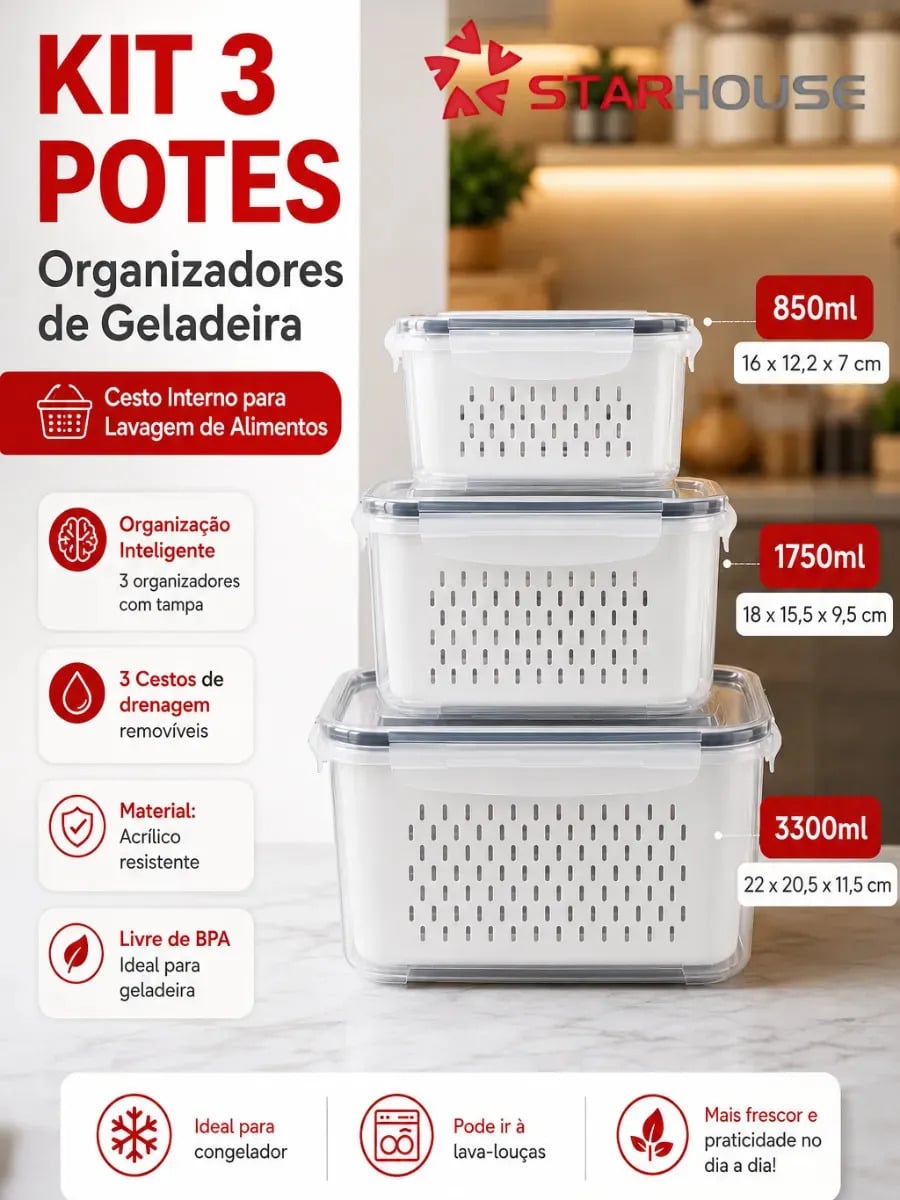 Kit 3 Organizadores Geladeira Alimentos Legumes Verduras Frutas Transparente Com Tampa Trava Hermético Escorredor - Starhouse — Utensílios úteis
