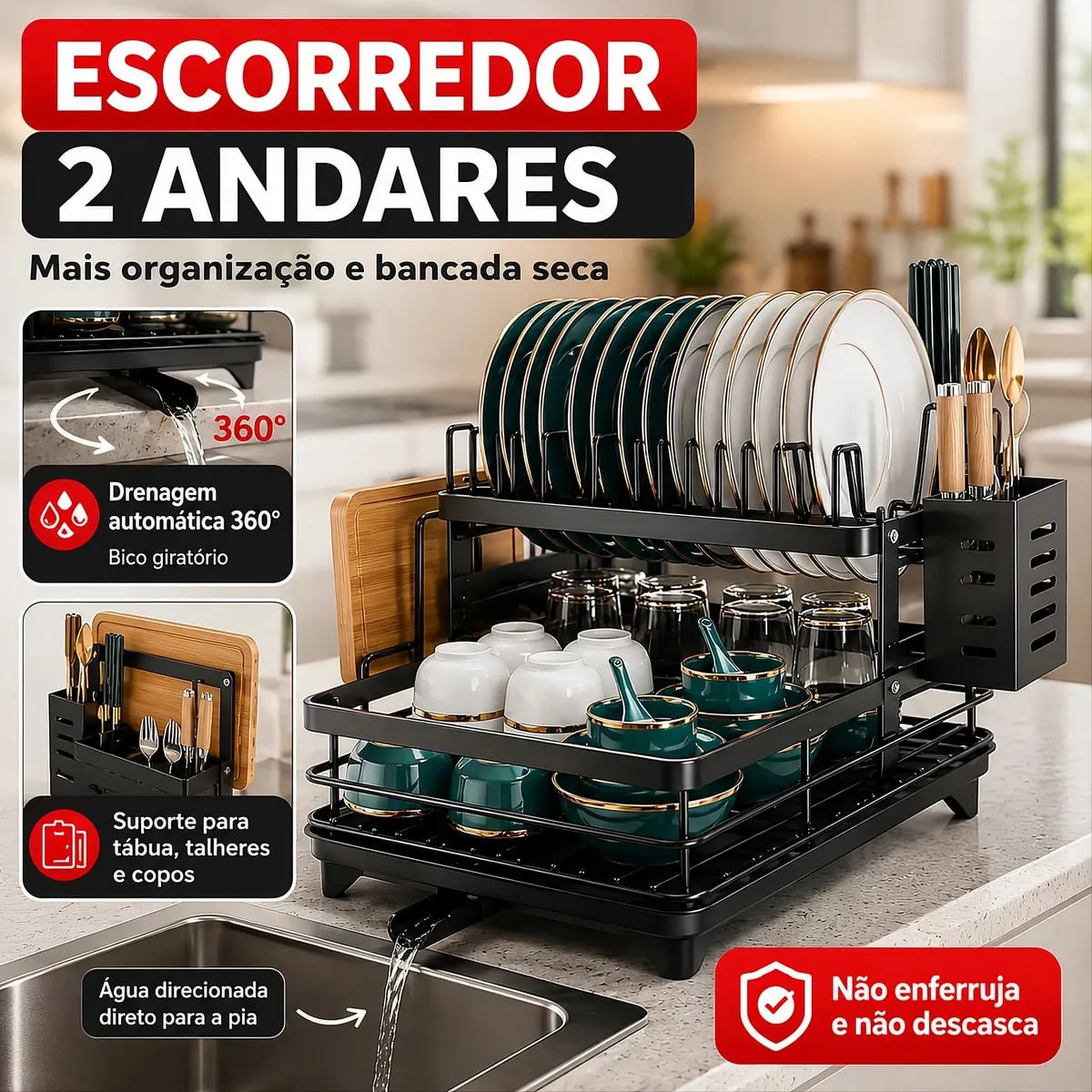 Escorredor De Louça Inoxidável 2 Andares Drenagem Automática Bandeja Grande 360o Organizador Pia Com Porta Talheres Tigelas Pratos — Organização para Casa