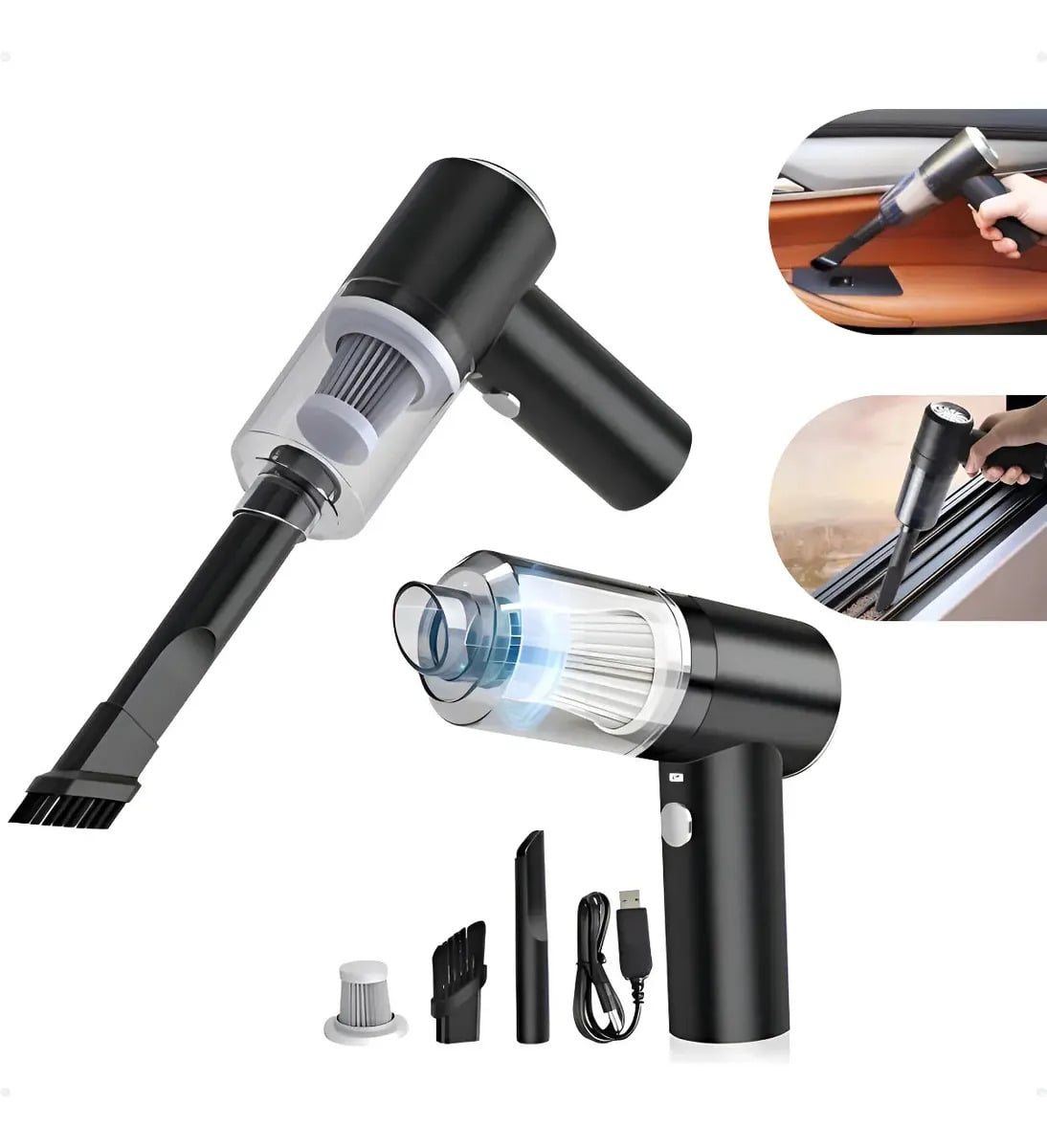 Aspirador Portátil 3 Em 1 Com Soprador e Filtro HEPA Para Carro e Teclado USB — Limpeza Automotiva