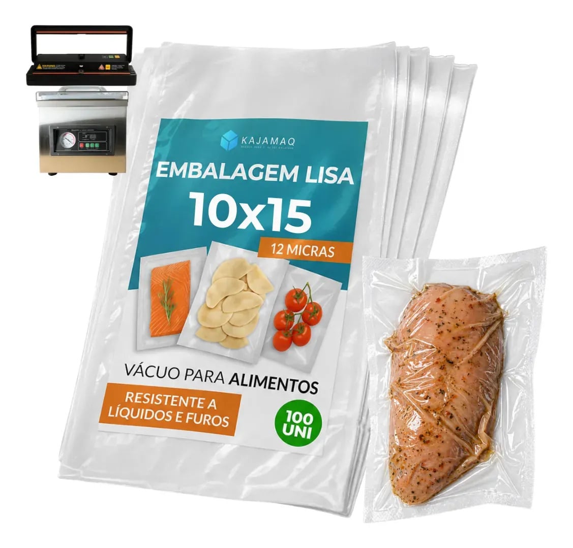Embalagem A Vacuo Lisa Saquinhos 10x15 Para Seladora Camara Bico Sucçao 100 Unidades Nylon Poli Transparente BPA Free Para Conservaçao Alimentos Freezer Sous Vi — Organização para Casa