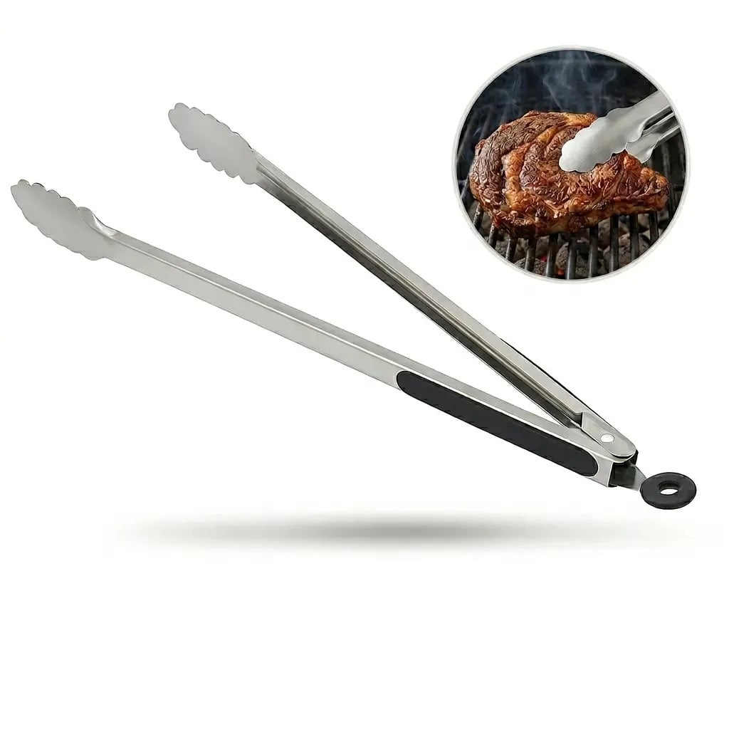 Pegador Culinário Universal Churrasco Profissional Inox Silicone 40cm Pinça Cozinha Multiuso Grande Longo Servir Salada Massa Grelhar Carne Cabo Antiderrapante — Utensílios úteis