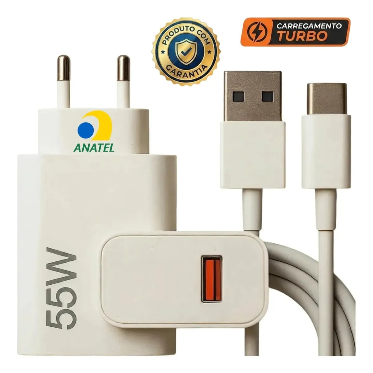 Carregador Turbo 55w USB-C Com Cabo Tipo C 1 Metro Fonte Bivolt 110v/220v, Carregamento Rápido Fast Charge, Ideal Para Celular Android, Compatível Com iPhone Sa — Acessórios para Celulares