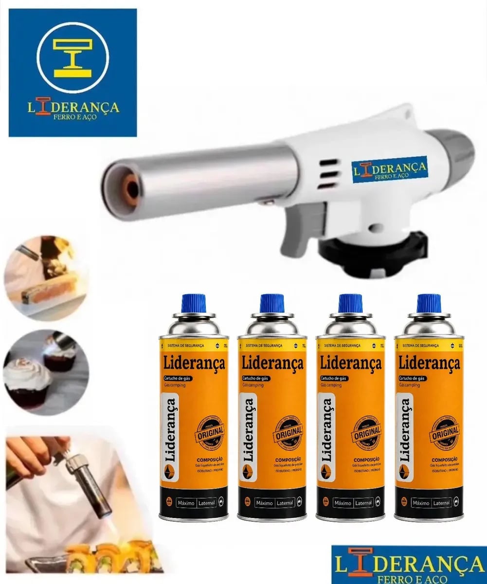 Kit Maçarico Portátil Automático Liderança Ferro E Aço para 1300°C com 4 Refis de Gás Butano — Ferramentas Manuais