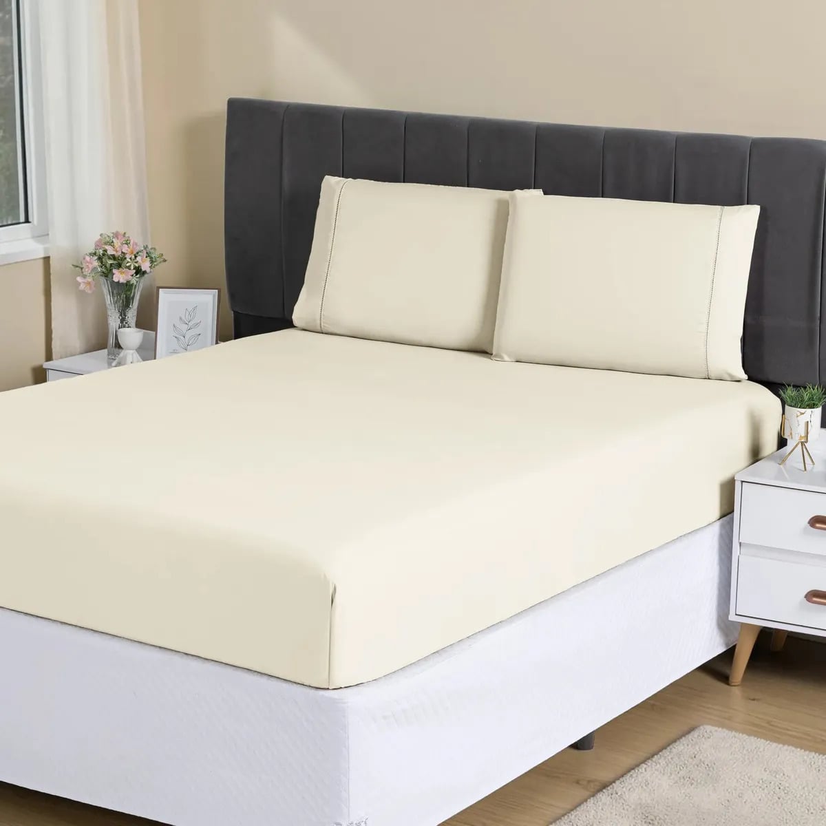 Jogo Lençol Casal 3pç 400 Fios Hipercal Conforto Macio Palha Liso — Bed Sheets