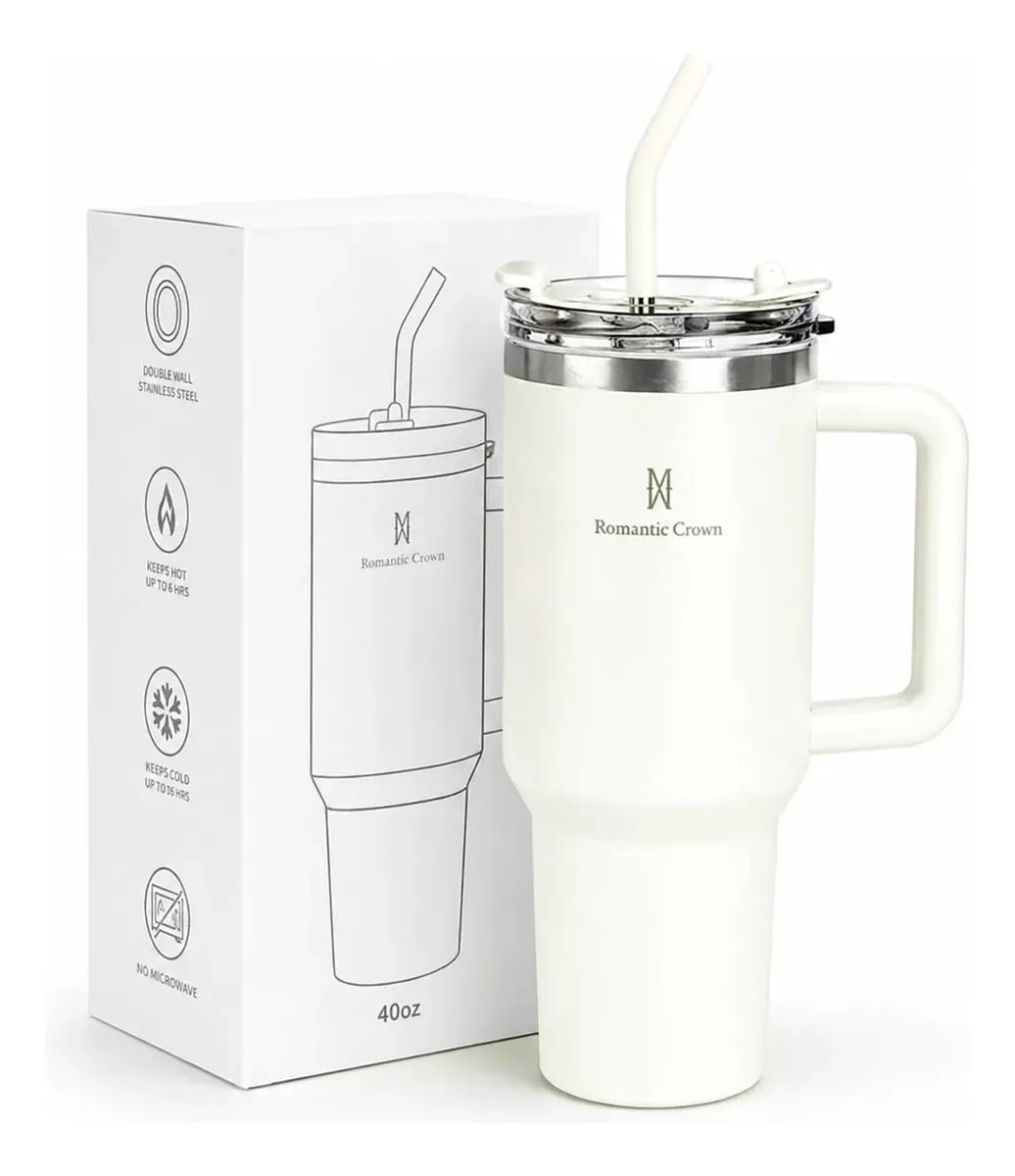 Copo Térmico Gigante 1,2l Inox Com Tampa E Inox Canudo Cor Branco Cor Pura / Material Fosco — Camping, Caça e Pesca