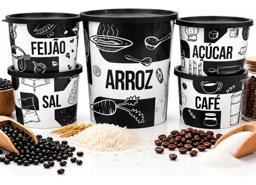 Kit 5 Potes De Mantimento Para Alimentos Cozinha Arroz 4,5 L Preto — Cozinha