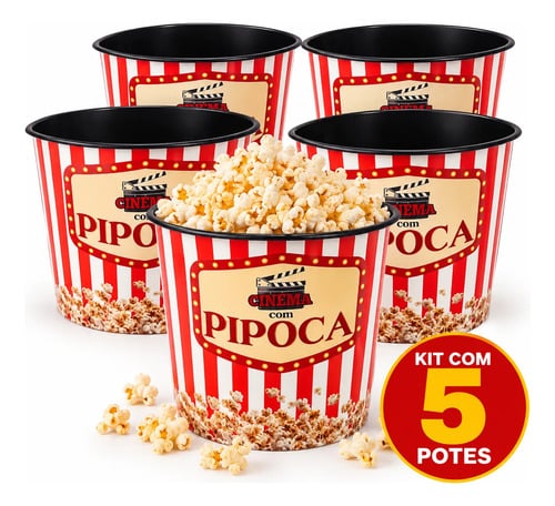 Kit 5 Baldes Recipiente 1,5l Para Pipoca Pote Popcorn Vermelho — Descartáveis para Festa