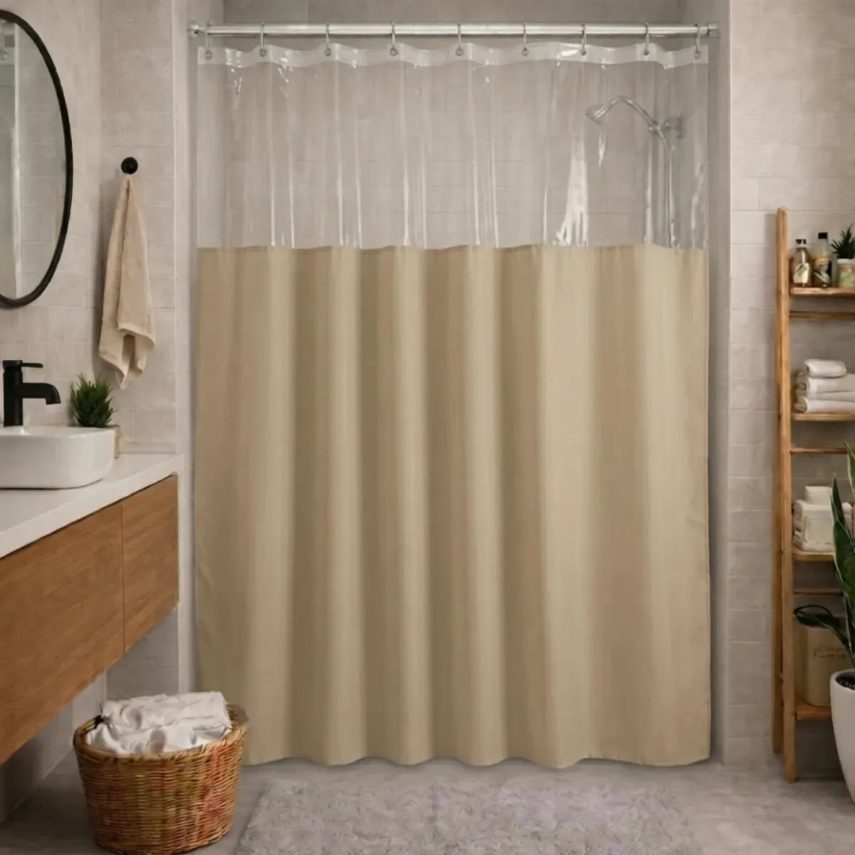 Cortina Box Banheiro Lisa Antimofo Vinil Grosso Impermeável Com Visor 1,35m X 2,00m Wiki Home Bege — Banheiros