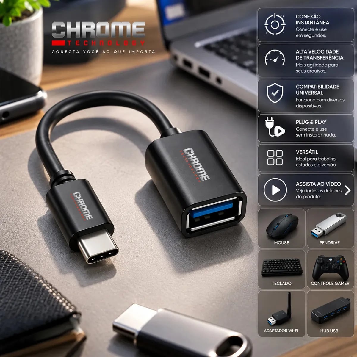 Cabo Adaptador Tipo C OTG Para Pendrive USB Conexão Rápida Transferência Dados Compatível Smartphones Tablets Acesso Arquivos Externos Alta Eficiência e Durabil — Acessórios para Celulares