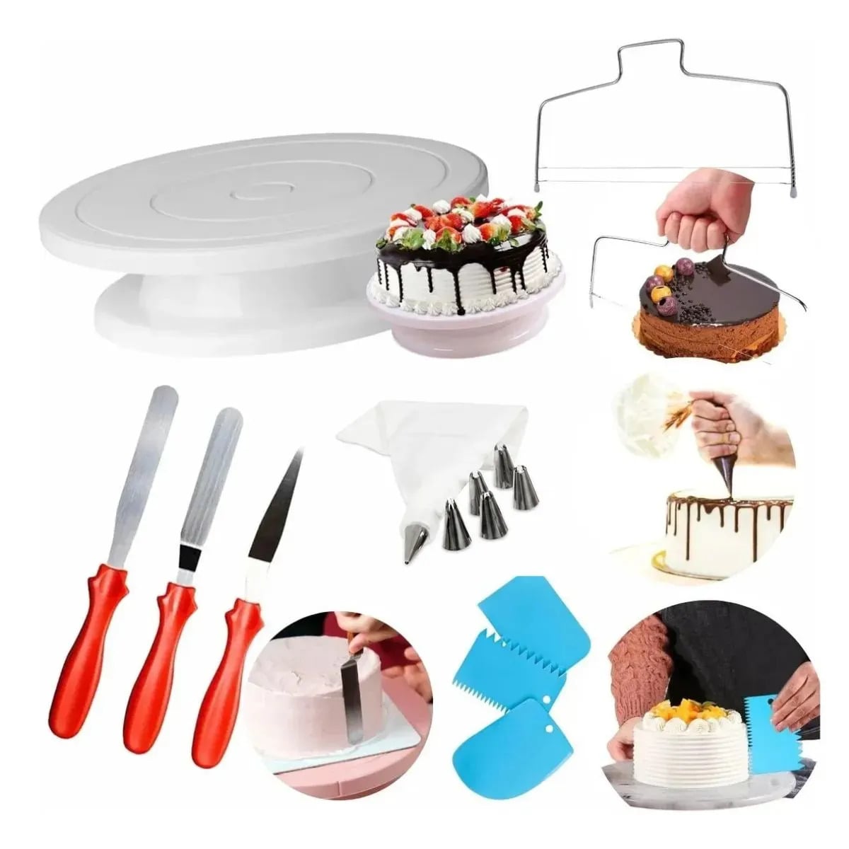 Kit Confeitaria Boleira Bailarina Giratória + Bicos de Confeitar 3 Espátulas Raspador e Cortador Nivelador — Cozinha