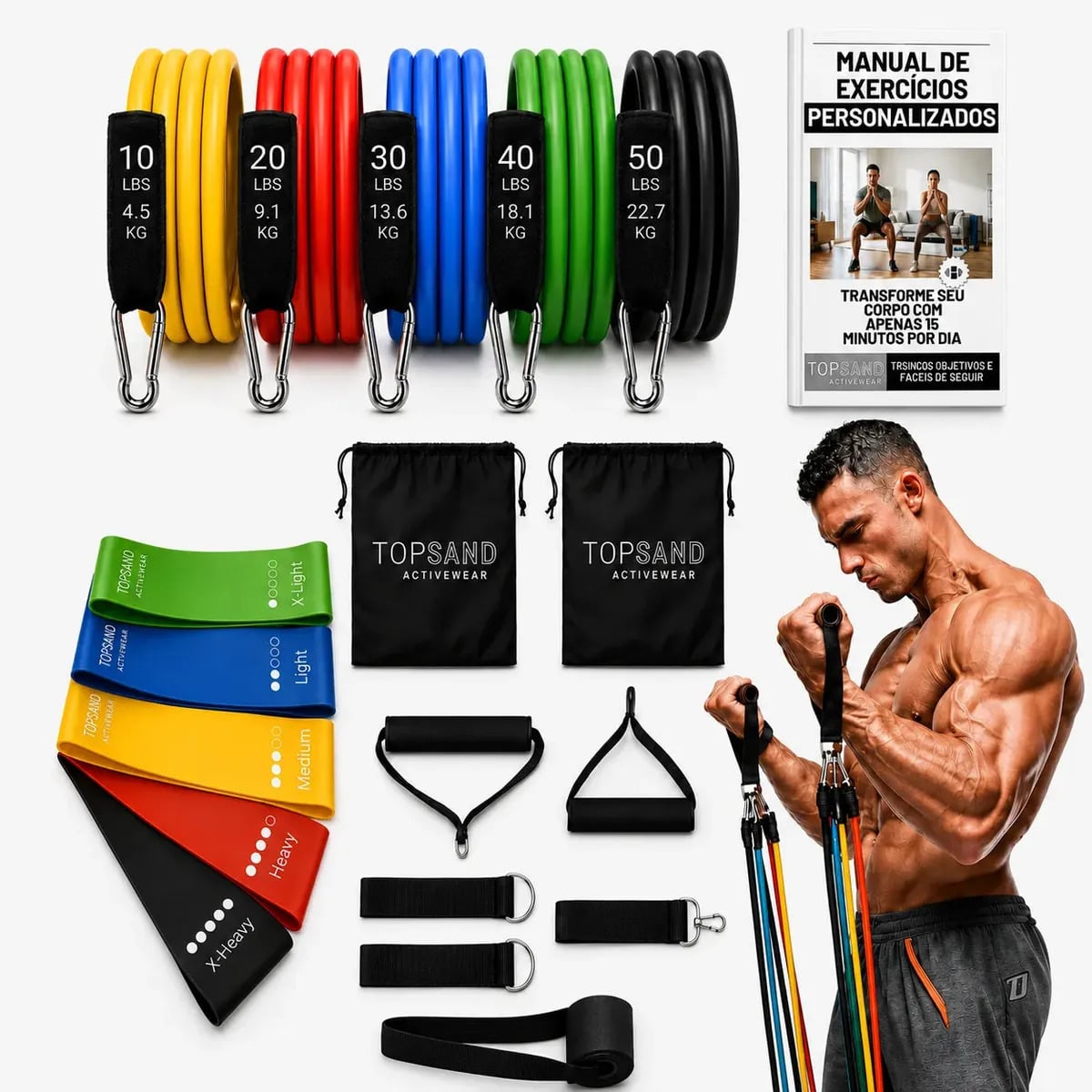 Kit 18 Itens Esportivos Para Treino Em Casa Academia Fitness Funcional Com Elásticos Extensor Puxadores Faixas Elásticas Mini Band P/ Exercícios Ginástica Fisio — Fitness e Musculação