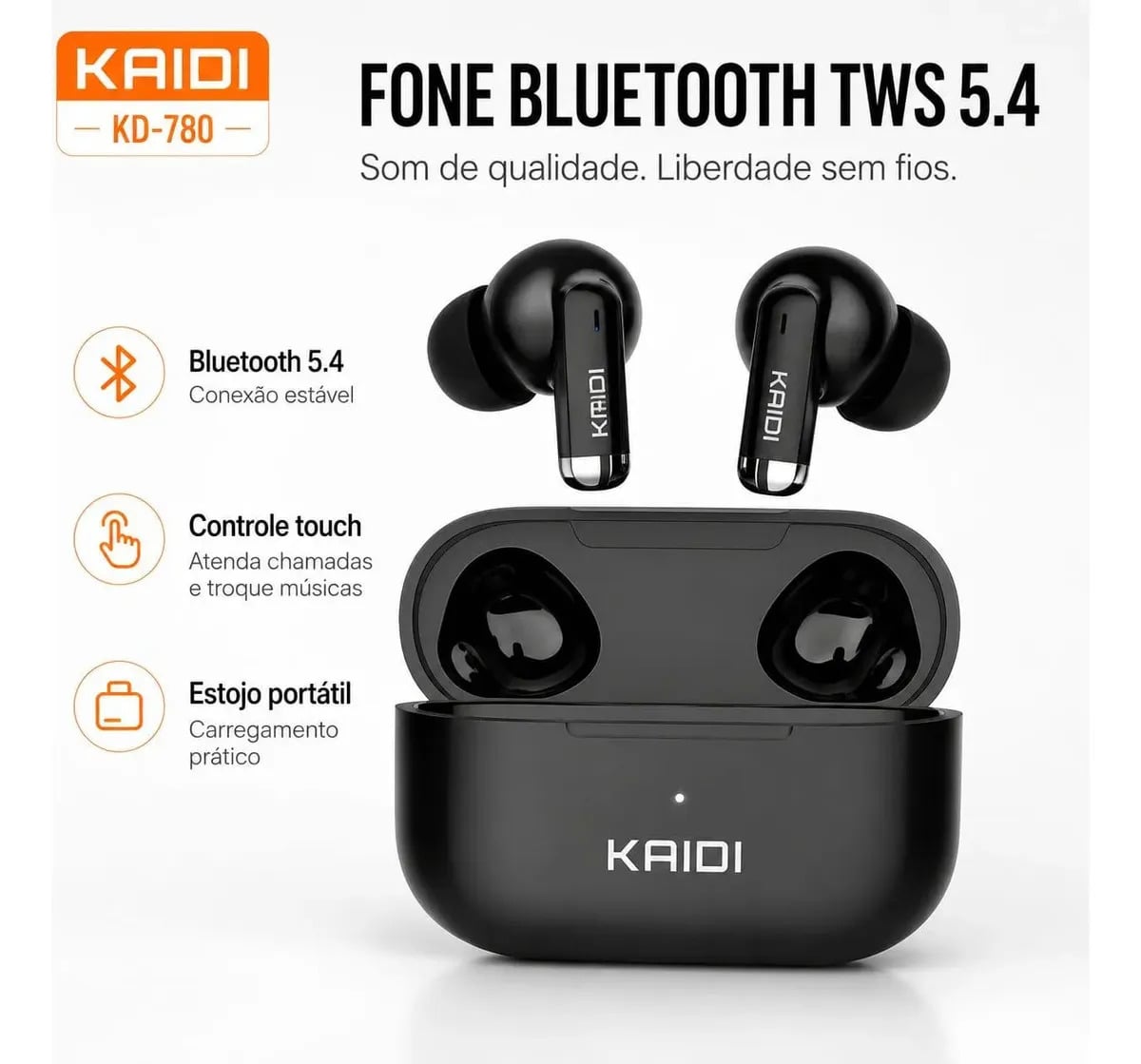 Fone Bluetooth 5.4 Sem Fio Tws Kaidi Kd780 Graves Potentes Preto — Áudio
