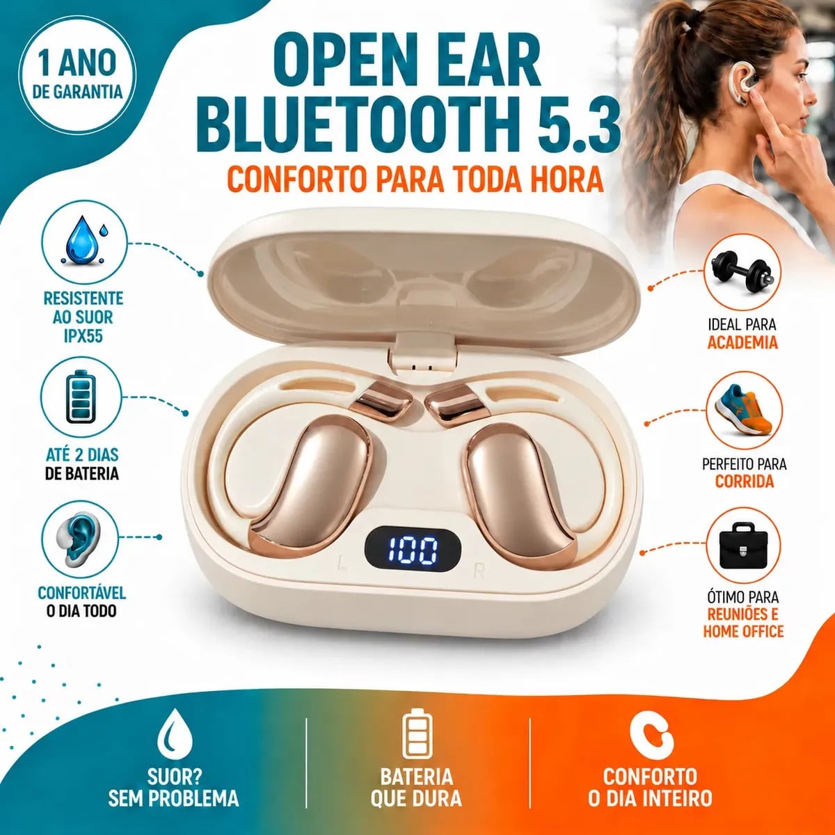 Fone Bluetooth Ows Open Ear Sem Fio Esportivo Com Display Digital Case Carregadora Usb-c Compatível Android iPhone Ios Academia Corrida Caminhada Trabalho Chama — Acessórios para Celulares