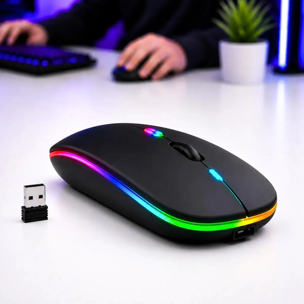 Mouse Recarregável Bluetooth Wireless Ergonômico Óptico Informática Gamer Led Rgb Notebook Pc Tablet Smartphone Blackbom — Acessórios gamer
