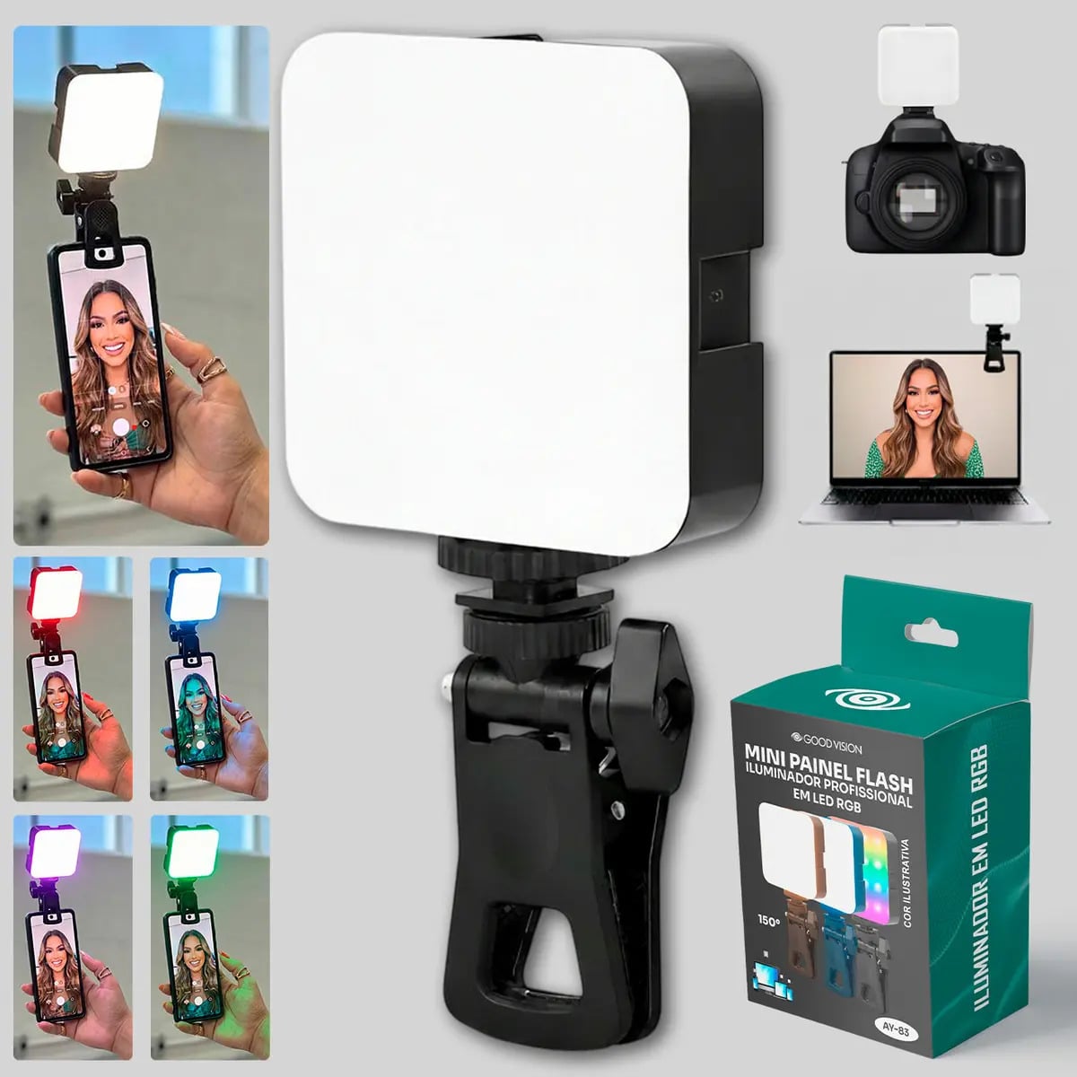 Mini Flash Iluminador de Selfie Profissional Fotográfico Multicolor e Rgb 60w Para Vídeos e fotos Com Luz de Estúdio e Clip Portátil Perfeito para Instagram Tik — Acessórios para Celulares
