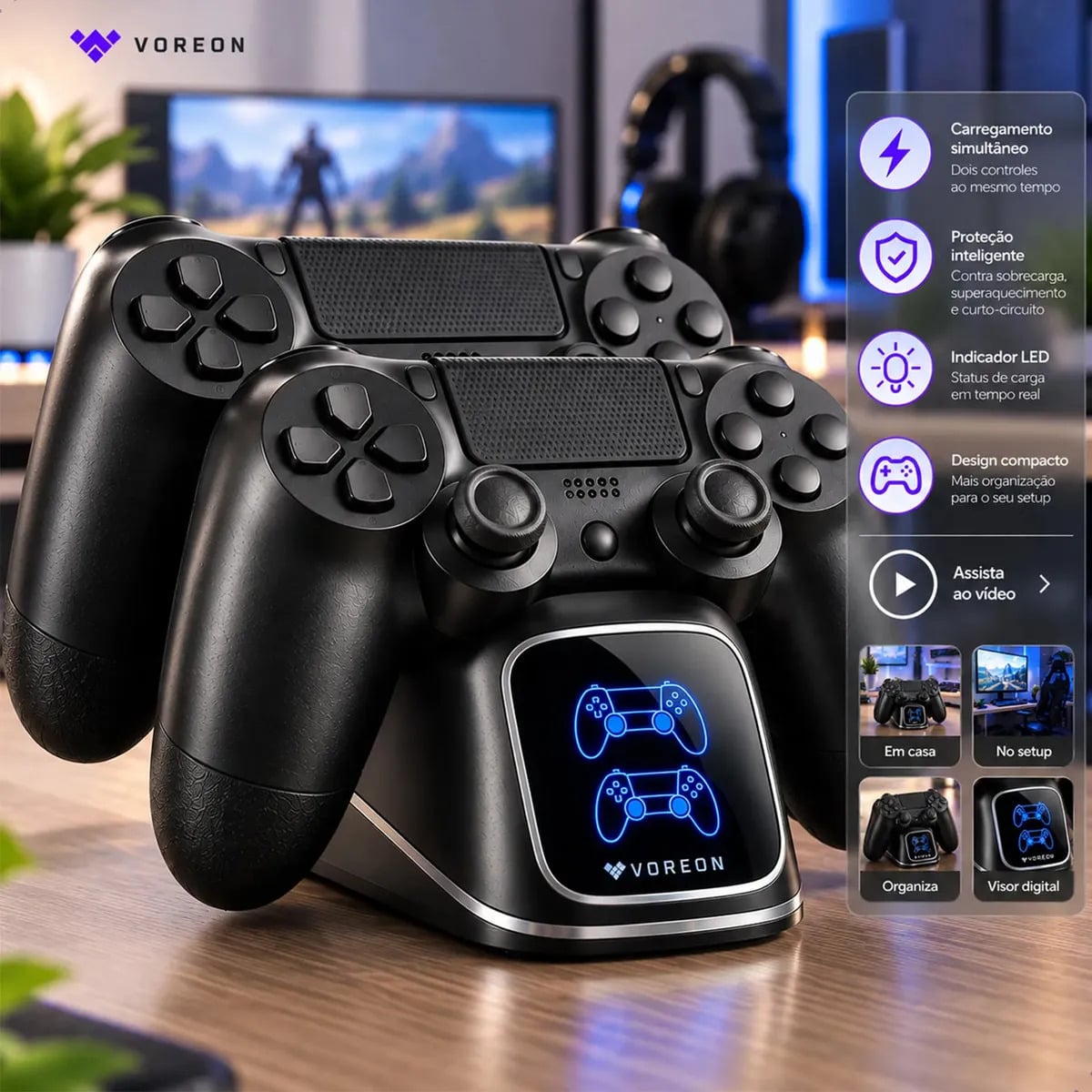 Carregador Controle Para PS4 Base Dupla Compatível Playstation 4 Slim Pro Suporte 2 Controles Simultâneos Visor Digital Estação Dock Carga Rápida Cabo USB Voreo — Acessórios gamer