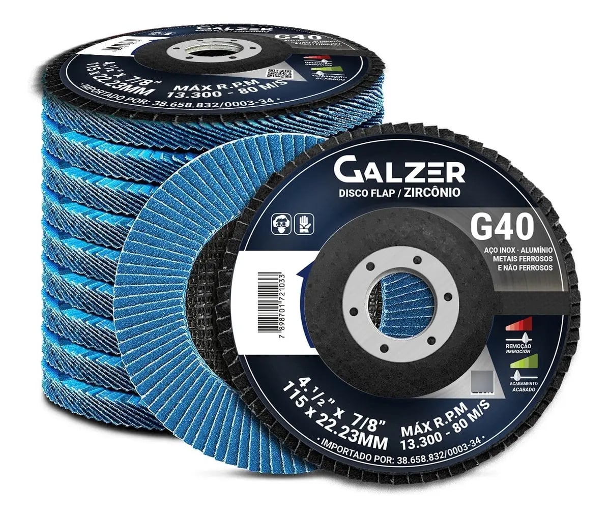 Kit com 10 Discos Flap de Desbaste Galzer para Metal Grão 40 — Acessórios para Ferramentas