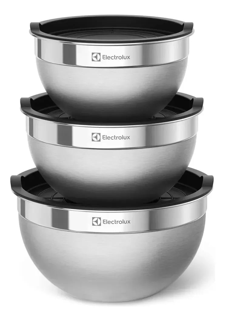 Electrolux Kit 3 Bowls Tigelas de Aço Inox com Tampa Plástica, 1,4L, 2L e 2,6L — Cozinha