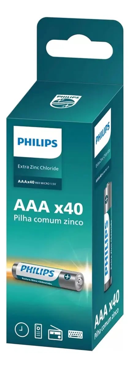 Pilha Zinco Aaa Philips Bateria Carvão Palito Tubo Kit 40 Un — Pilhas e Carregadores