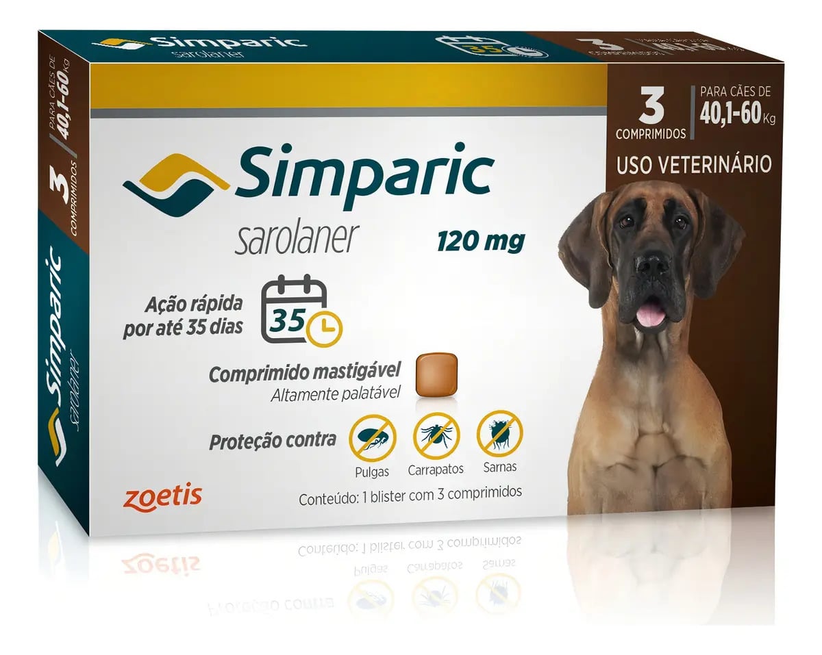 Antipulgas Simparic zoetis 40 a 60kg Cães 120mg 3 comprimidos — Cães