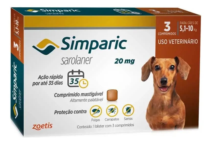 Simparic Zoetis Cão 5 A 10 Kg Antipulgas Carrapatos 3 Comprimidos — Cães