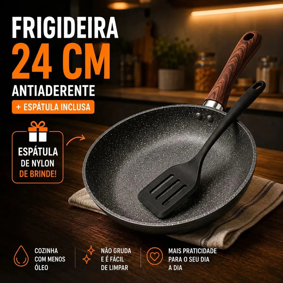 Frigideira Antiaderente Cerâmica Granito 24cm com Espátula Cabo de Madeira Indução Cooktop e Fogão a Gás Não Gruda Sem Óleo Viacruz — Cozinha