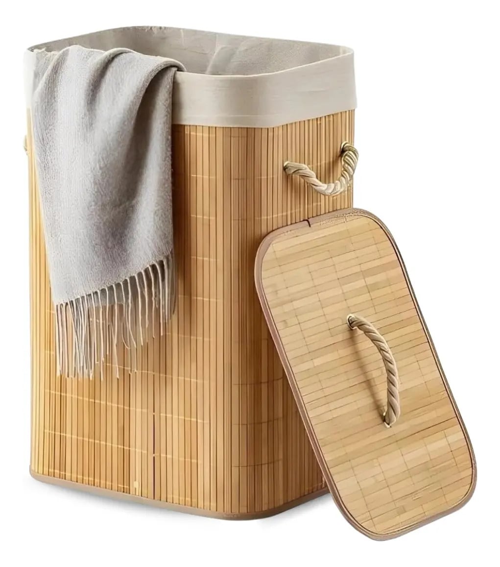 Cesto Roupa Bambu Retangular Dobrável Eps-3903 Com Tampa Alças 60l Bege — Banheiros