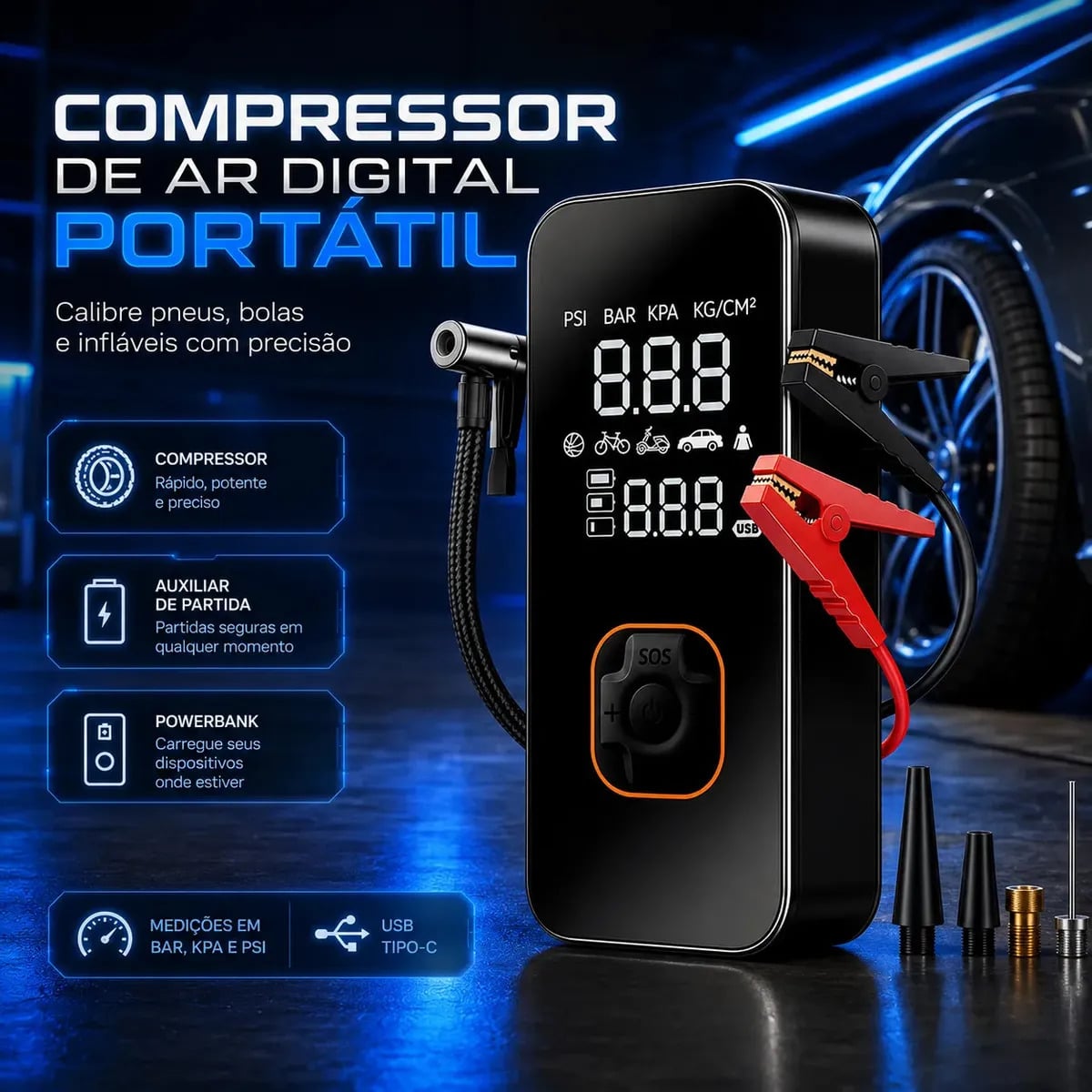Bomba Elétrica Portátil Digital Para Encher Pneu De Carro Moto Bicicleta Inflador Automotivo Cor Preto — Ferramentas para Veículos