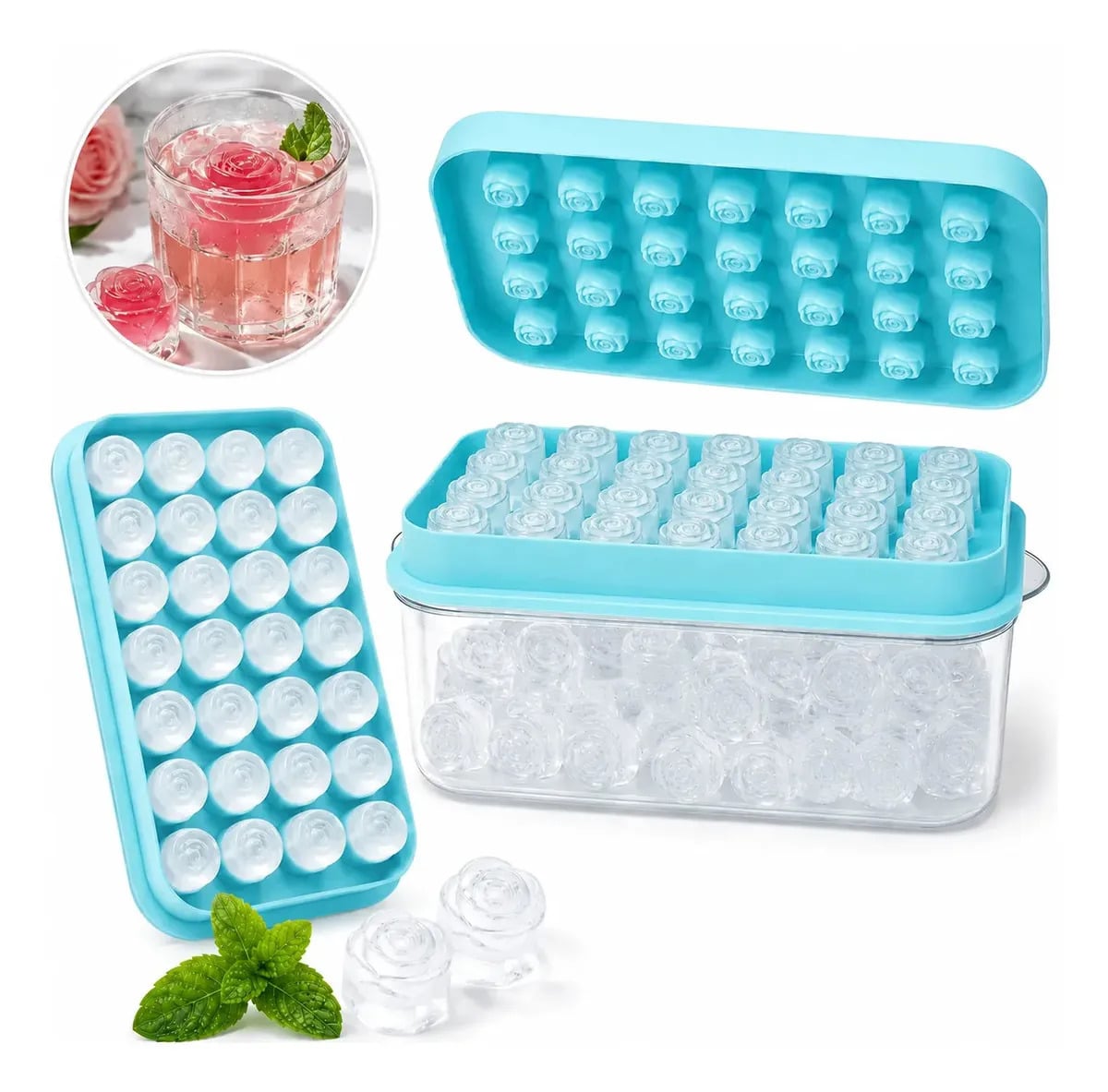 Forma De Gelo Silicone 28 Cubos Em Formato De Rosa Com Reservatório E Tampa Azul — Cozinha