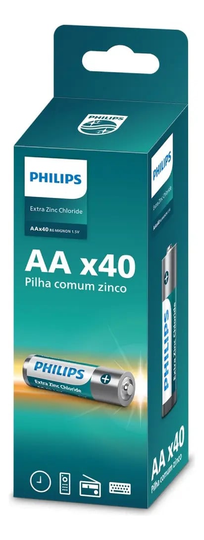 40 Pilhas Zinco Aa Philips Bateria Caixa C/40 Unidades — Pilhas e Carregadores