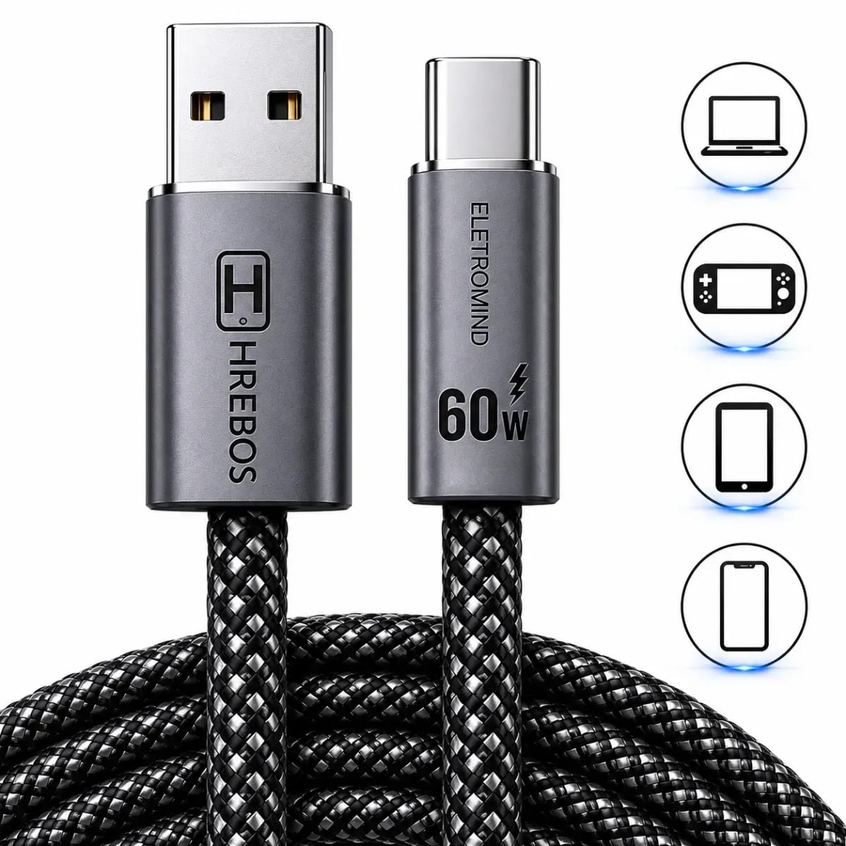 Cabo Carregador Usb C Celular Turbo 60w 2 Metros Usb Entrada Tipo C Carga Rápida Transferência De Dados Eletromind Compatível Com iPhone Samsung Xiaomi Poco Mot — Acessórios para Celulares