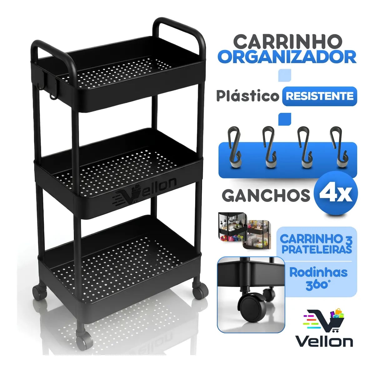 Carrinho Organizador Multiuso 3 Cestos Slim Cozinha Banheiro Cor Preto — Cozinha