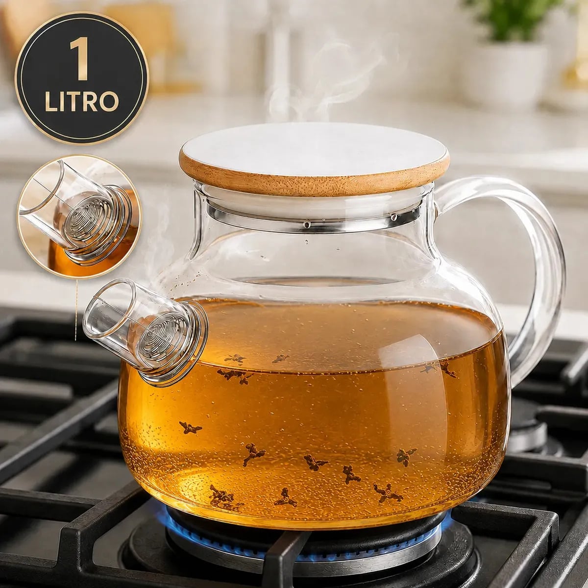 Bule de Vidro Borossilicato 1L 1000ml Chaleira com Tampa de Bambu Filtro Infusor Inox para Chá Café Água Quente Transparente Sólar — Cozinha