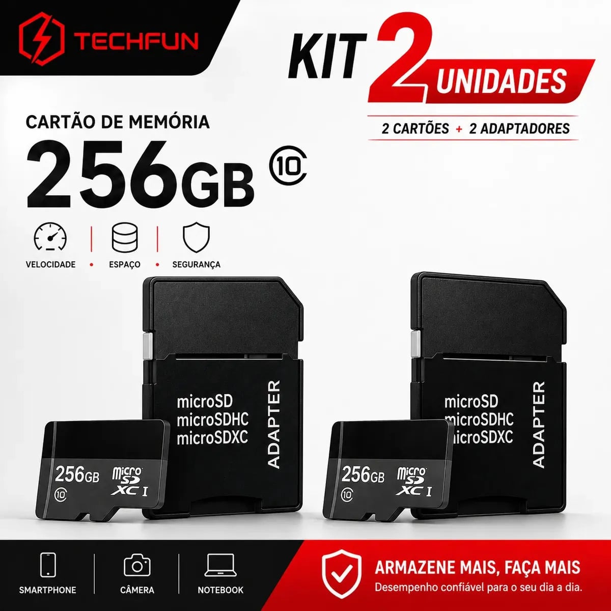 Kit 2 Cartões de Memória Micro SDXC Techfun Ultra de 512 GB com Adaptador SD para Câmera e Smartphone — Acessórios para Celulares
