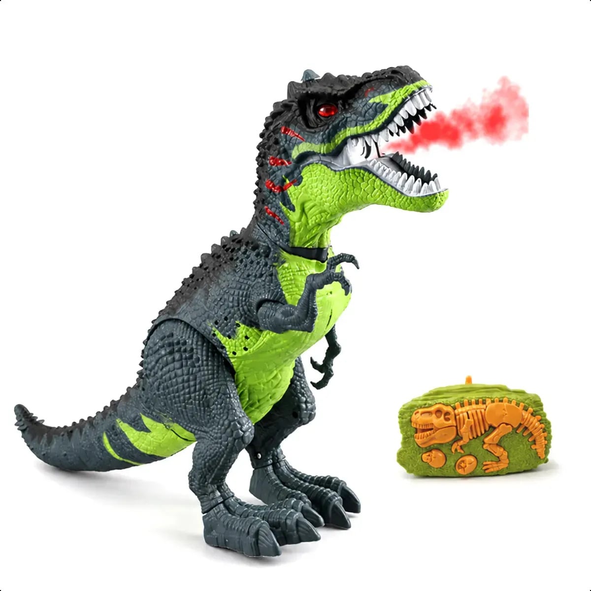Dinossauro Rex Controle Remoto Anda Solta Fumaça Som Luz Dinossauro Verde — Brinquedos Eletrônicos