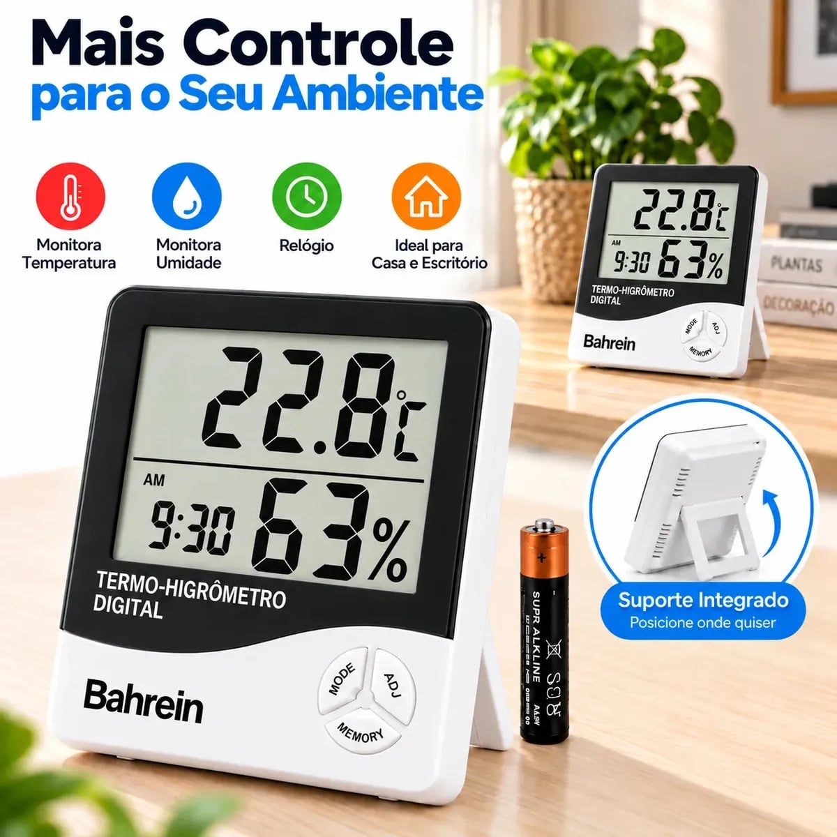 Termo Higrômetro Digital Bahrein para Medir Temperatura e Umidade com Relógio — Medições e Instrumentação