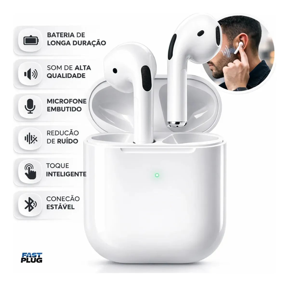 Fone De Ouvido Bluetooth Bateria de Longa Duração Pro 4 Branco Conecta Rápido Fast Plug Com Case Carregador E Microfone — Áudio