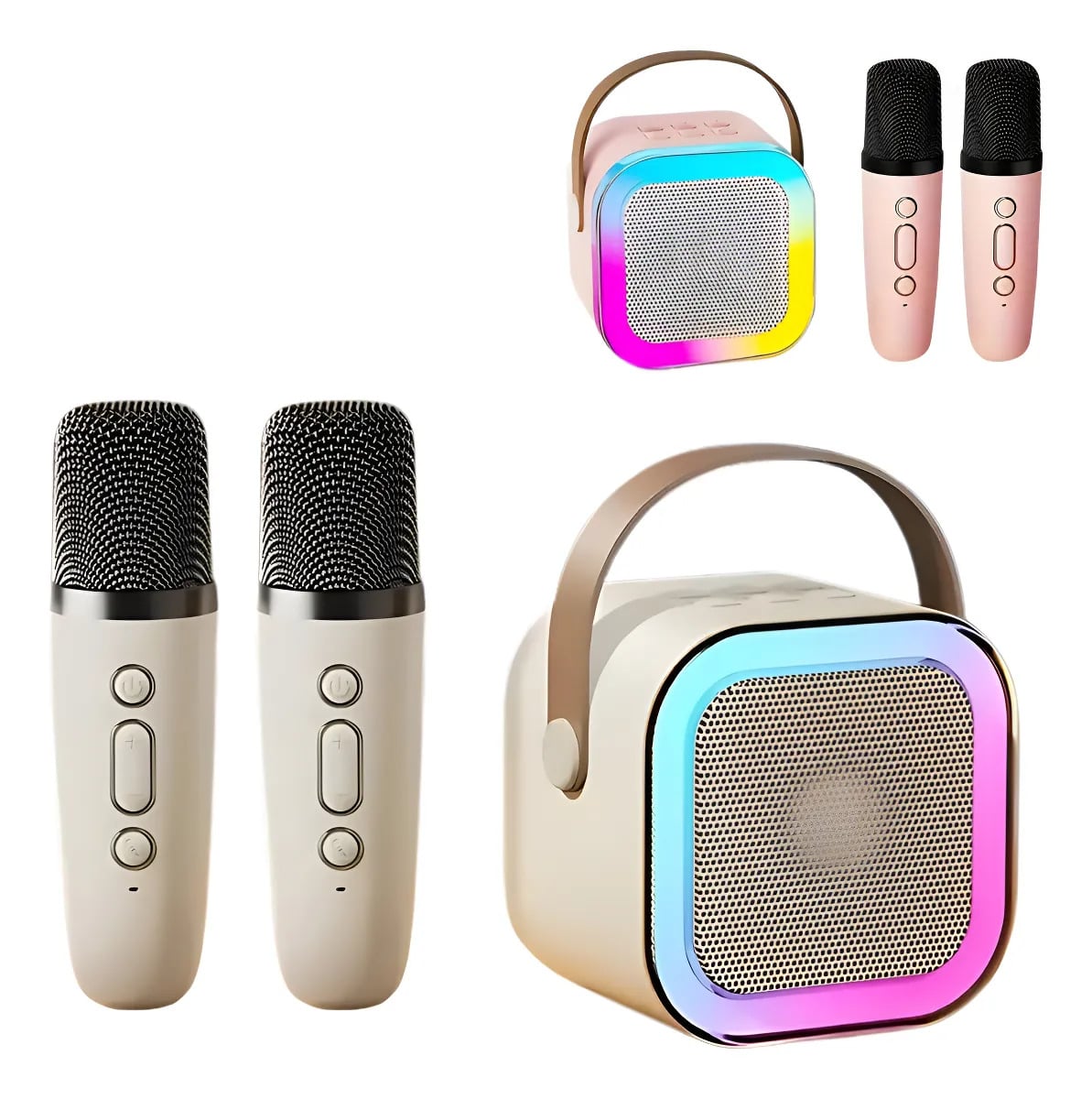 Caixinha Som Karaokê Infantil C/ 2 Microfone Bluetooth S/fio Cor Creme — Áudio