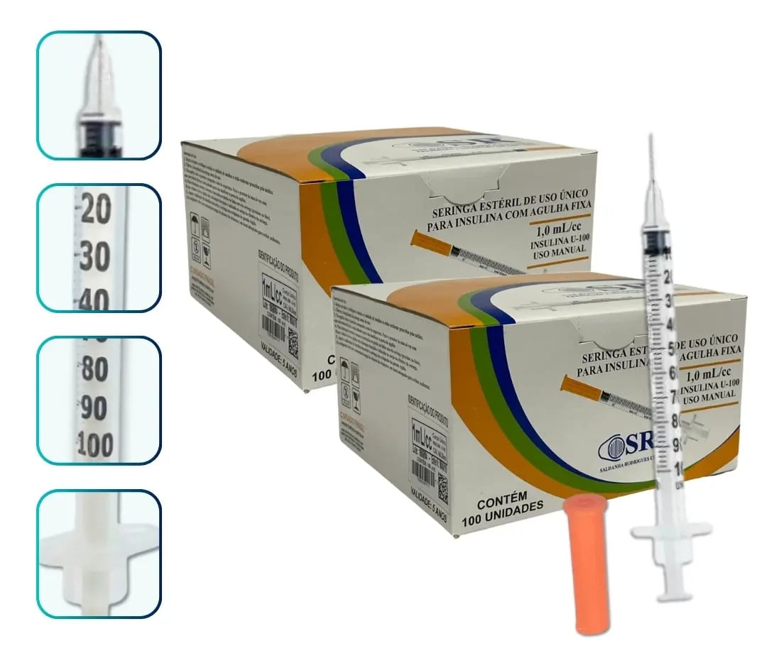 Seringa Insulina com Agulha Fixa 1ml 8mm X 0,30mm 200un SR — Equipamento Médico