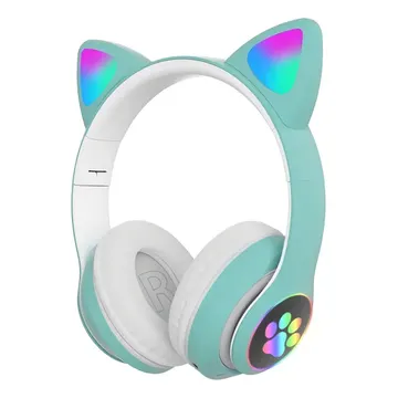 Fone De Ouvido Bluetooth Led Orelha Gato Iuz Headphone Cor Verde-claro — Áudio